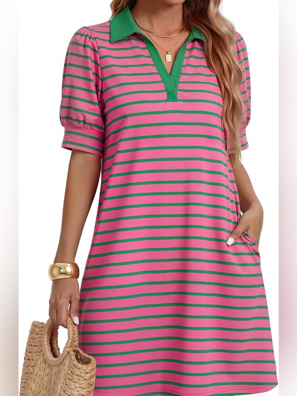 ZESICA Striped Pink & Green Polo Dress
